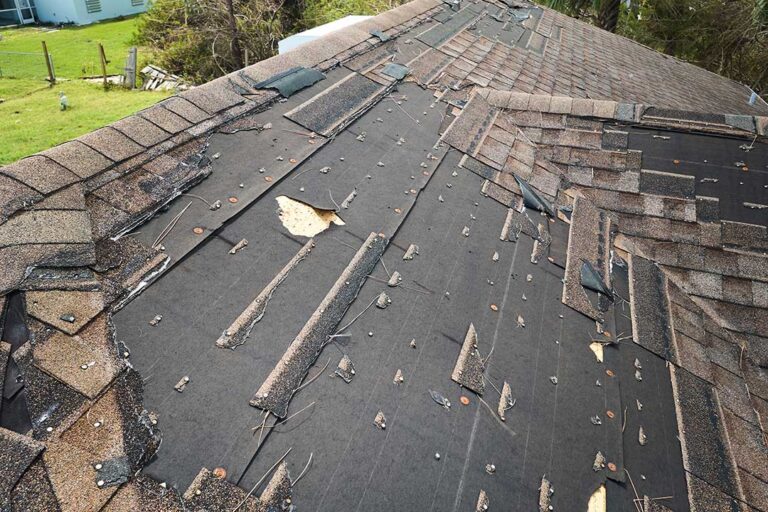 A homeowner standing on a sloped roof inspecting damaged shingles with gloves and basic tools visible.
